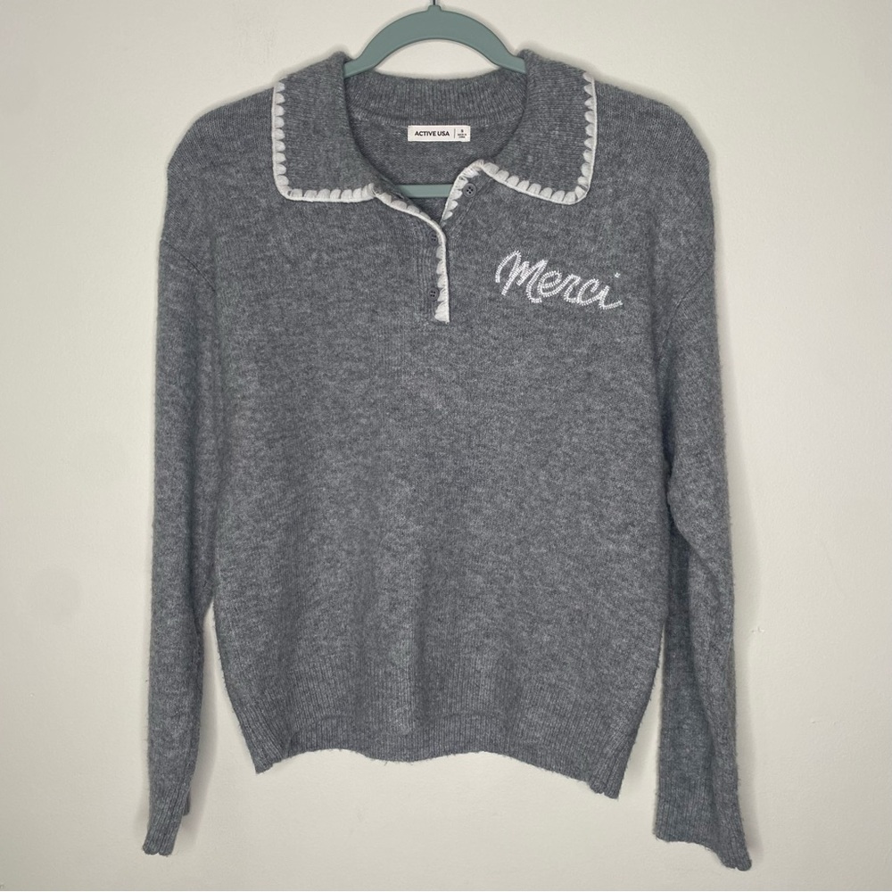 Active USA White Trim Embroidered Merci Polo Sweater S